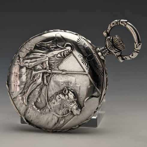 1909年頃 アンティーク ロンジン 懐中時計 浮彫彫刻 銀側ハンターケース 動作良好